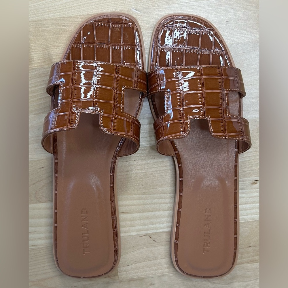 Truland H Strap Croc Embossed Slide Sandals Brown Size 9 NIB Luxe Flat Slides